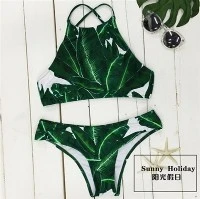 Conjunto de bikini halter con estampado de hojas de plátano tropical Espalda cruzada Cuello alto Traje de baño de dos-piezas Tejido elástico-transpirable de secado rápido